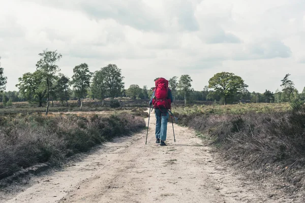 Backpacker gaat bergafwaarts op onverharde weg onder bewolkte hemel. — Stockfoto