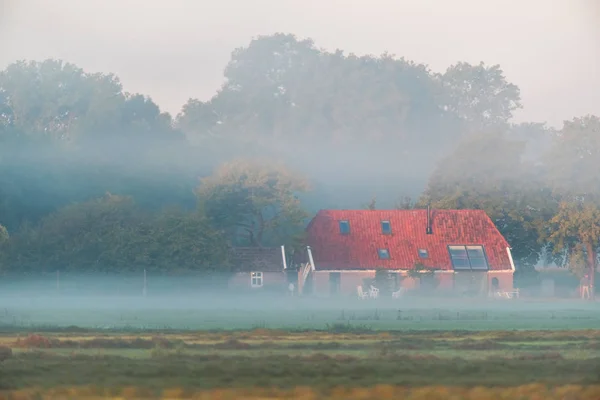 Gårdshus på landet under dimmig morgon. — Stockfoto