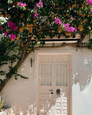 İspanya 'nın Endülüs köyünde pembe çiçekli begonvilli beyaz duvar..