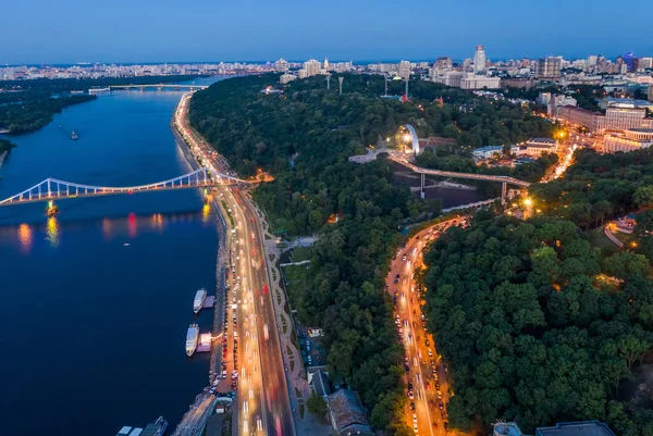 Вид Воздуха Город Киев Летал Над Рекой Ночью Украина — стоковое фото
