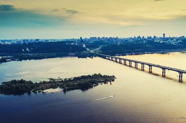 Aerial View Kiev City Flying River Night Ukraine — Stock Photo, Image