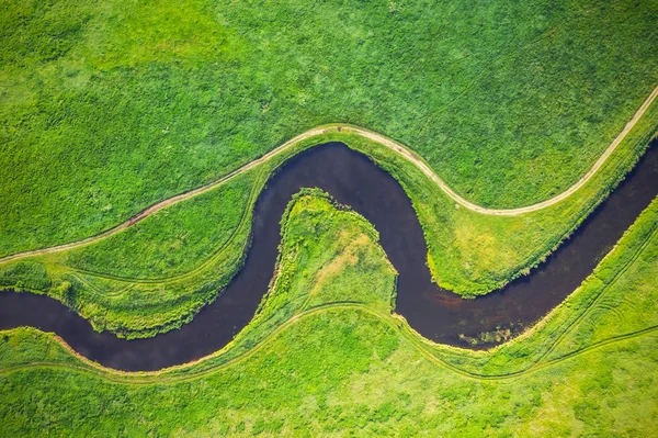 Top View Drone Shot Green Field River — Stock Photo, Image