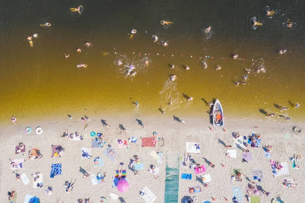 Aerial View Flying Drone People Crowd Relaxing Beach Kiev Ukraine — Stock Photo, Image
