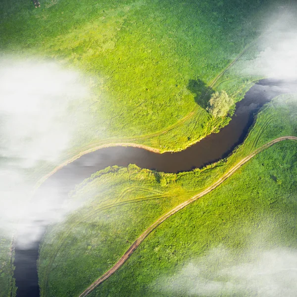 Vista Superior Drone Disparo Campo Verde Río — Foto de Stock