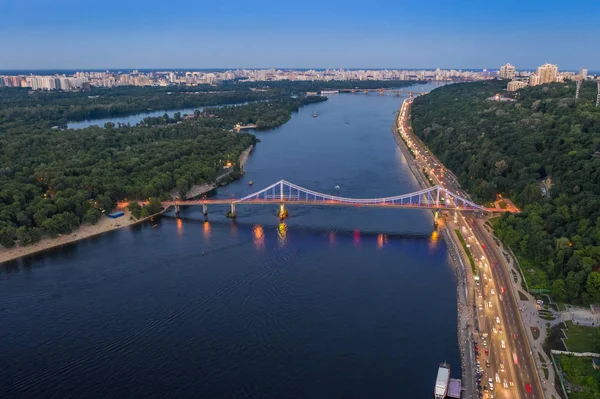 Luchtfoto Van Kiev Stad Vliegen Rivier Nachts Oekraïne — Stockfoto