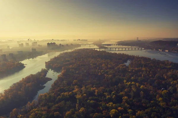 Vista Aérea Del Dron Salida Del Sol Sobre Dniéper Kiev —  Fotos de Stock