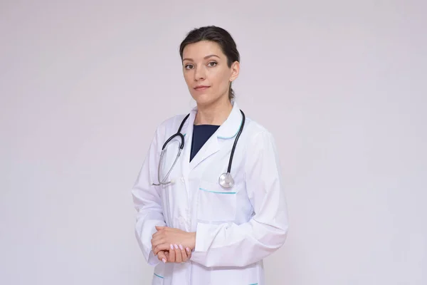 Tell Your Illnesses Portrait Beautiful Female Doctor White Background Endoscope — Stock Photo, Image