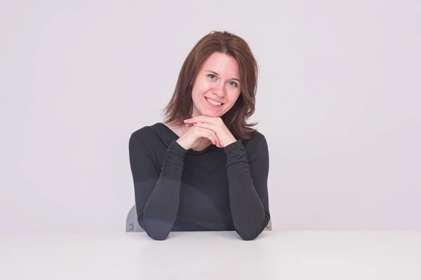 Listen You Carefully Portrait Beautiful Brunette Girl White Background Sitting — Stock Photo, Image