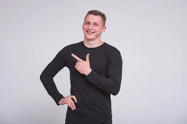 Retrato Joven Lindo Sobre Fondo Blanco Diferentes Poses Que Muestran — Foto de Stock