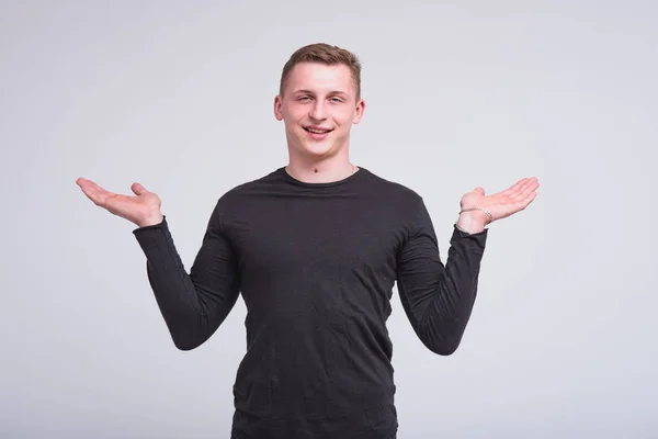 Retrato Joven Lindo Sobre Fondo Blanco Diferentes Poses Que Muestran — Foto de Stock