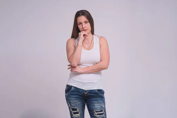 Portrait Beautiful Brunette Girl White Background Different Poses Different Emotions — Stock Photo, Image