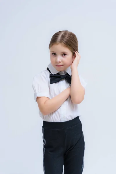 Concept Portrait Happy Beautiful Brunette Child Girl White Background Smiling — Stock Photo, Image