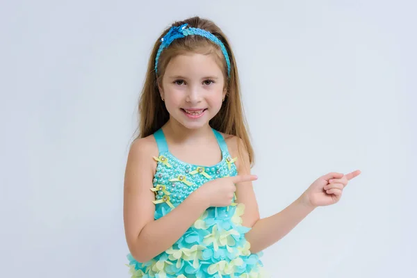 Concept Portrait Happy Beautiful Brunette Child Girl White Background Smiling — Stock Photo, Image