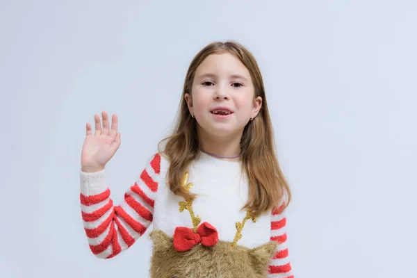 Concept Portrait Happy Beautiful Brunette Child Girl White Background Smiling — Stock Photo, Image