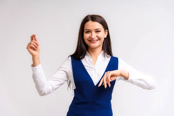 Retrato Estúdio Uma Linda Garota Morena Fundo Branco Com Emoções — Fotografia de Stock