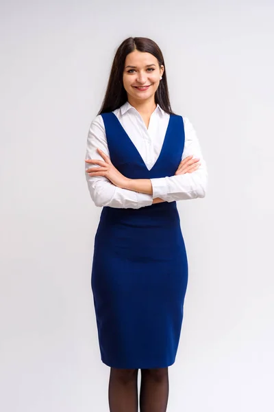 Retrato Estudio Una Hermosa Chica Morena Sobre Fondo Blanco Vestido — Foto de Stock