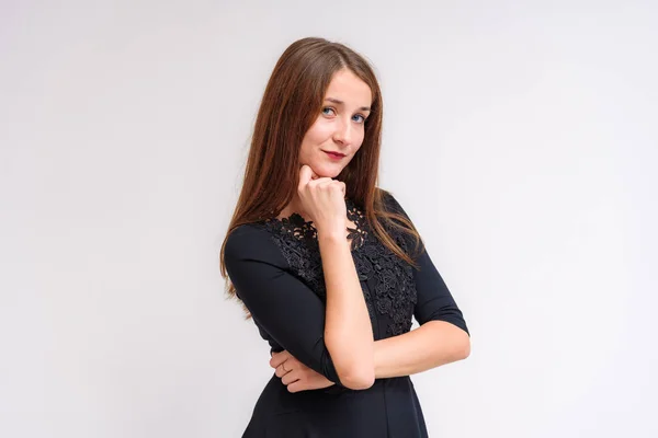 Studio Portrait Beautiful Brunette Girl White Background Different Emotions She — Stock Photo, Image