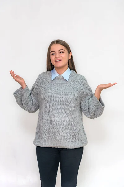 Porträt Eines Teenie Mädchens Auf Weißem Hintergrund Verschiedenen Posen Lächelnd — Stockfoto
