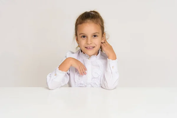 Portrait Cute Baby Girl White Background Table Child Right Front — Stock Photo, Image