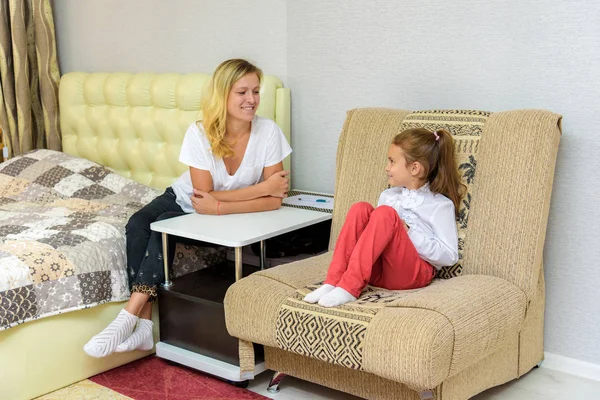 Family Happy Relationship Mother Child Daughter Sit Room Sofa Right — Stock Photo, Image