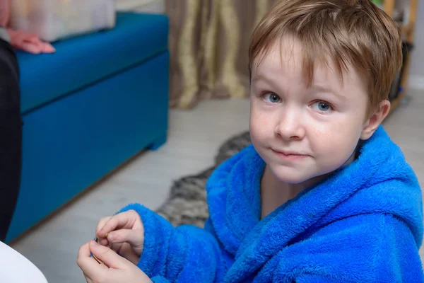 Portrait Happy Cute Child Years Old Room Home Family Bed — Stock Photo, Image