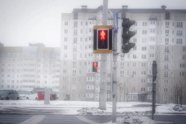 Row of red traffic lights for pedestrians, shallow focus, falling snow. On the background of trees and light sky with falling snow and new year snowfall. The sun shines into the camera.