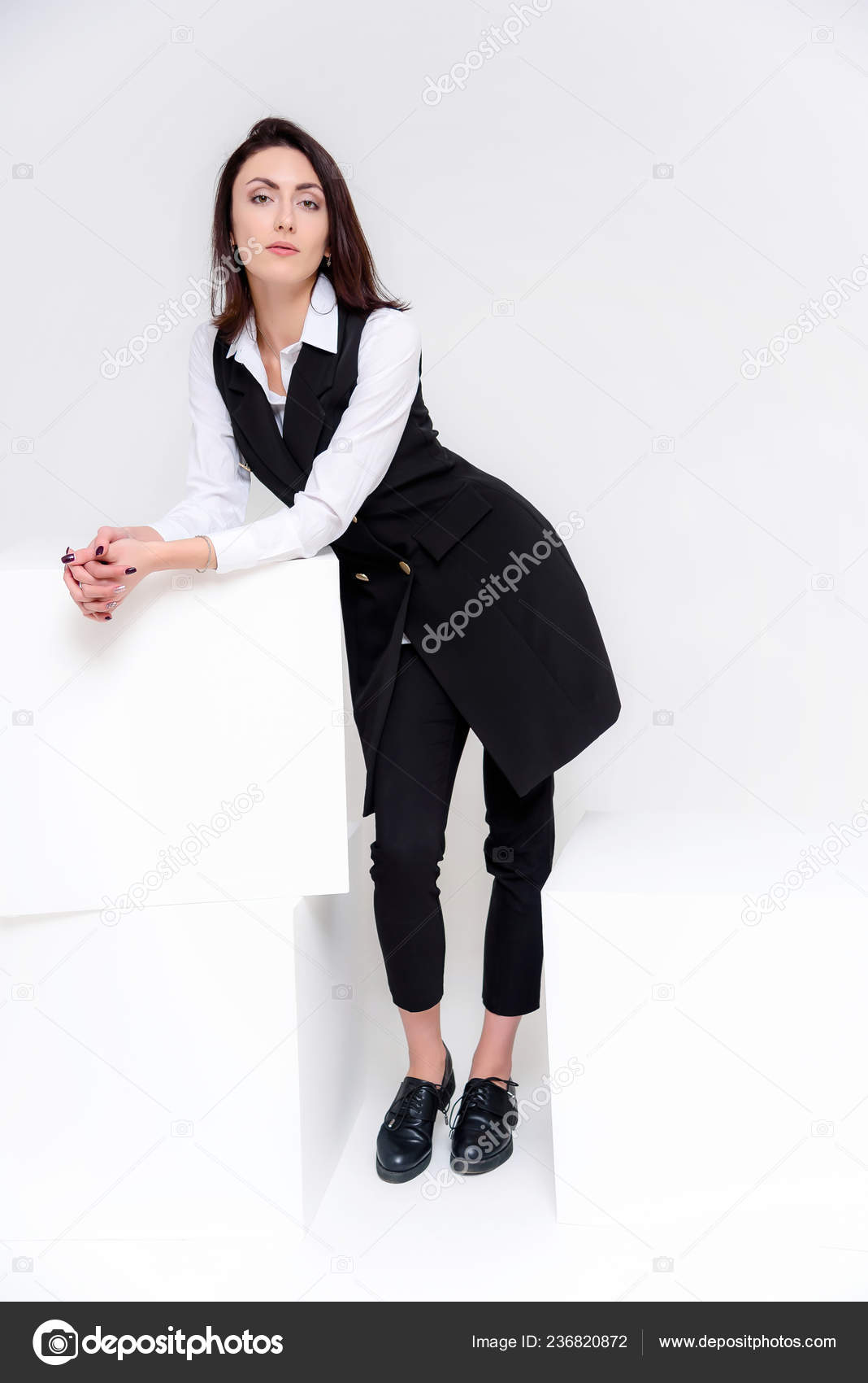 Concept Portrait Girl Standing White Background Business Suit Different Poses Stock Photo By C Govorkov Photo