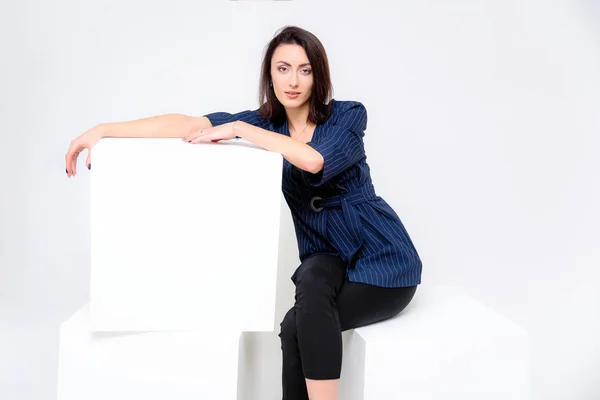 Concept Portrait Girl Sitting White Background Business Suit Different Poses — Stock Photo, Image