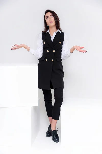 Concept Portrait Girl Standing White Background Business Suit Different Poses — Stock Photo, Image