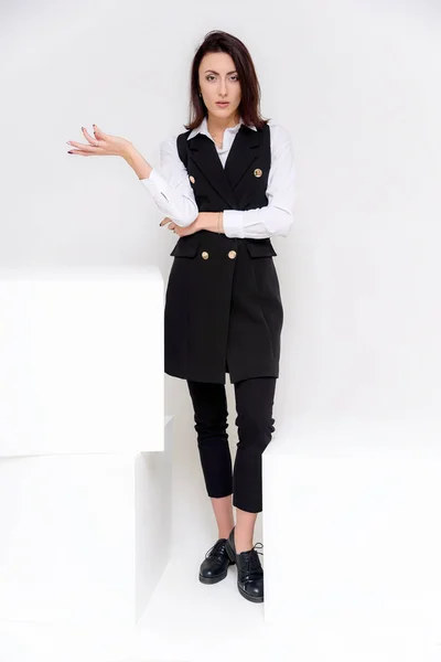 Concept Portrait Girl Standing White Background Business Suit Different Poses — Stock Photo, Image