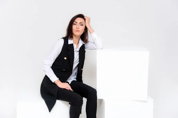 Concept Portrait Girl Sitting White Background Business Suit Different Poses — Stock Photo, Image