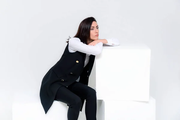 Concept Portrait Girl Sitting White Background Business Suit Different Poses — Stock Photo, Image