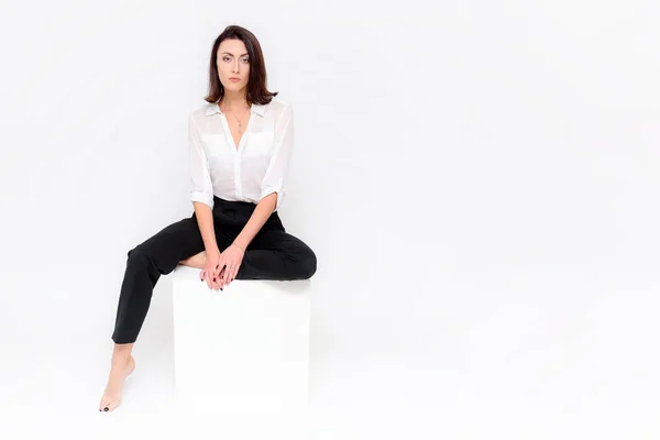 Concept Portrait Girl Sitting White Background Business Suit Different Poses — Stock Photo, Image