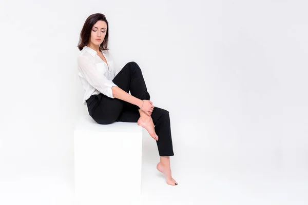 Concept Portrait Girl Sitting White Background Business Suit Different Poses — Stock Photo, Image