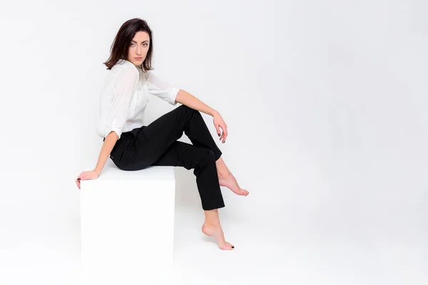 Concept Portrait Girl Sitting White Background Business Suit Different Poses — Stock Photo, Image