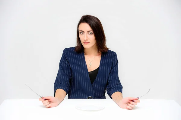 Concept Portrait Brunette Girl Sitting White Background Business Suit Plate Stock Photo