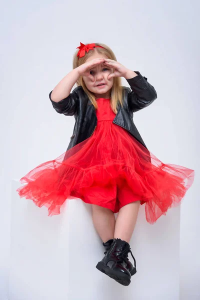 Concept Portrait Cute Beautiful Baby Girl White Background Fashionable Red — Stock fotografie