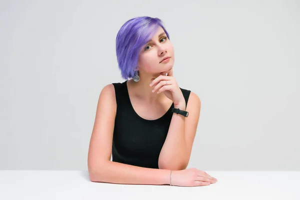 Talk Concept Portrait Beautiful Girl Purple Hair White Background Sitting — Stock Photo, Image