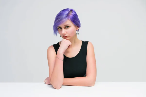Talk Concept Portrait Beautiful Girl Purple Hair White Background Sitting — Stock fotografie