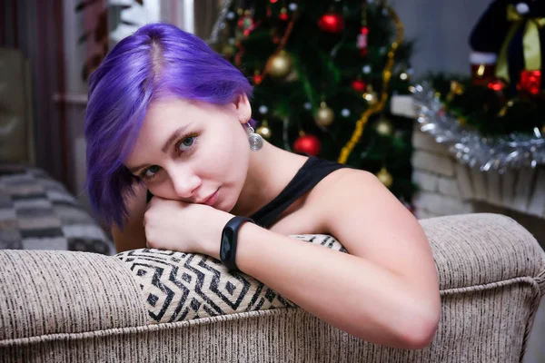 Bored New Year Concept Portrait Beautiful Girl Purple Hair Room — Stock Photo, Image