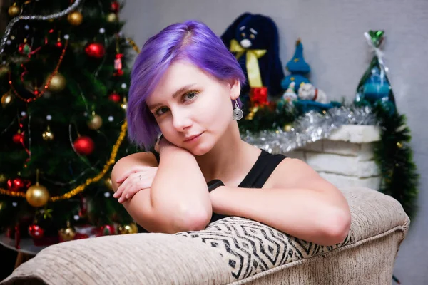 Bored New Year Concept Portrait Beautiful Girl Purple Hair Room — Stock Photo, Image