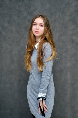 Mutlu brunet kız güzel uzun saçlı hoş bir dostu Müdürü kavramı portresi. Tam büyüme gri bir arka plan karşı gülümseyen bir gri elbiseli duruyor.