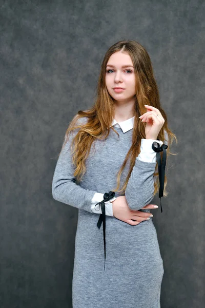 Mutlu brunet kız güzel uzun saçlı hoş bir dostu Müdürü kavramı portresi. Tam büyüme gri bir arka plan karşı gülümseyen bir gri elbiseli duruyor.