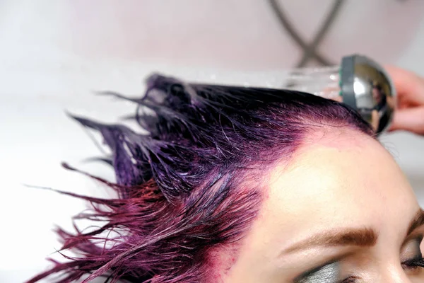 主洗洗发水紫色 彩色头发的女孩在浴室在美发师 大师和头发女孩的头的可看见的手 — 图库照片