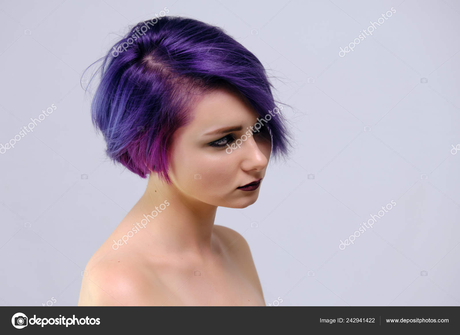 Beautiful Sexy Girl Purple Hair Short Haircut Sits Middle Photo