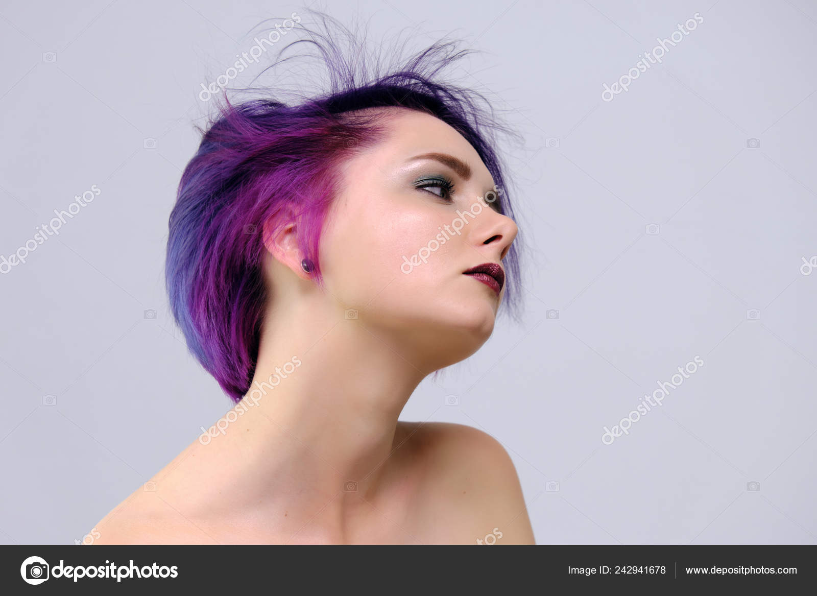 Beautiful Sexy Girl Purple Hair Short Haircut Sits Middle Photo