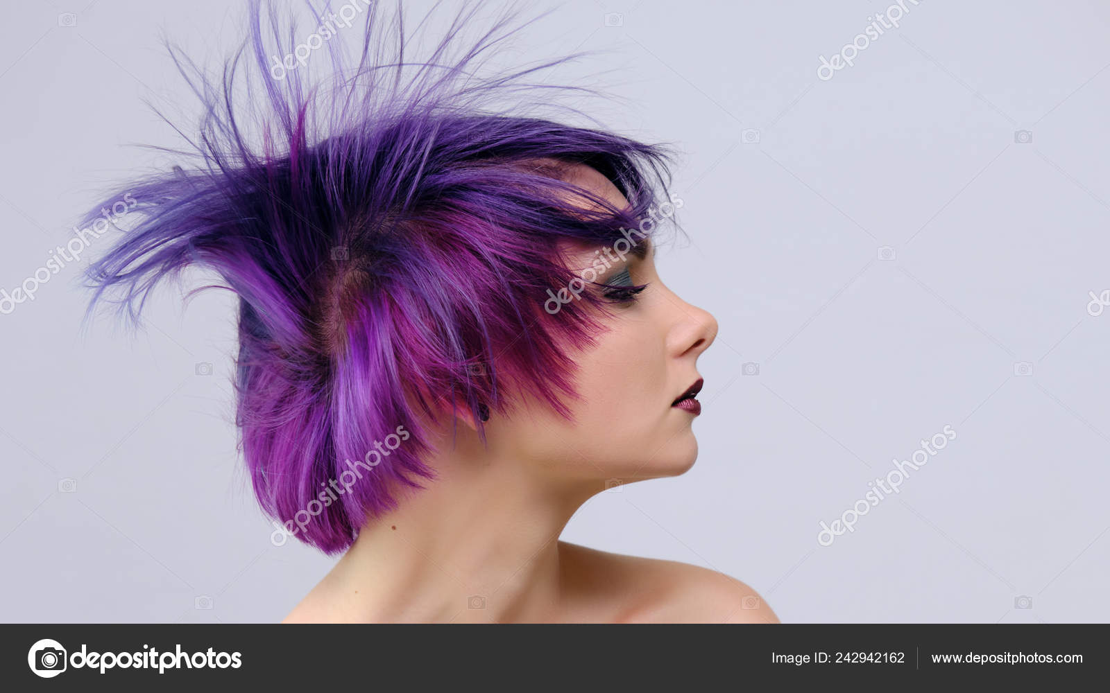 Beautiful Sexy Girl Purple Hair Short Haircut Sits Middle Photo
