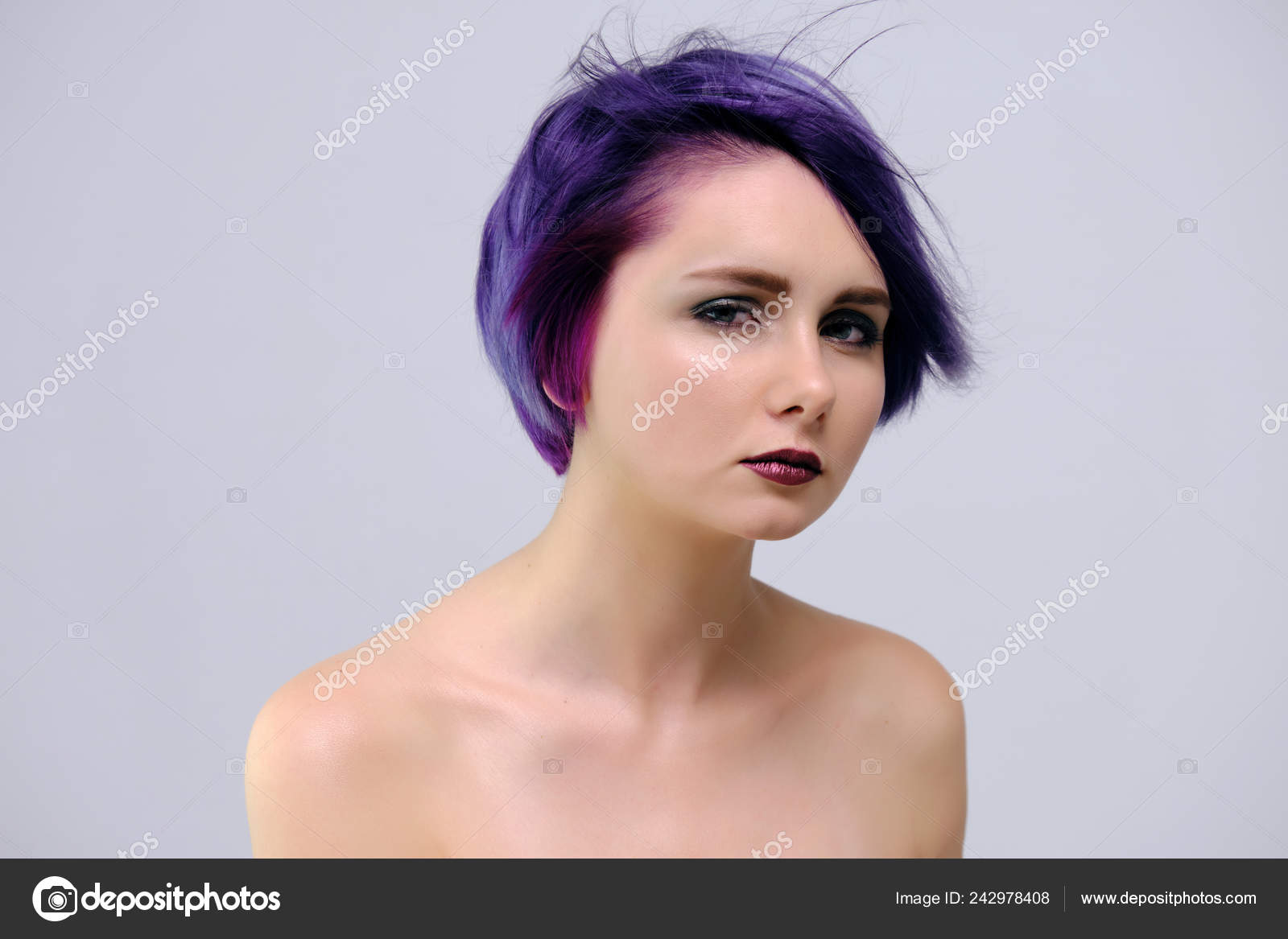 Beautiful Sexy Girl Purple Hair Short Haircut Sits Middle Photo