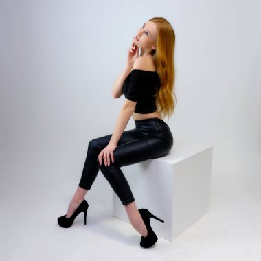 Kavramı Studio bir küp kamera önünde oturan gri bir arka plan üzerinde konuşurken bir çok güzel kızıl saçlı kız portresi. Farklı pozlar farklı duygular gösteriyorlar.