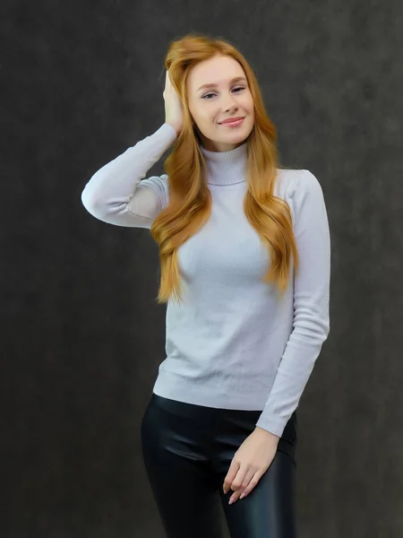 Concept Portrait Cute Beautiful Red Haired Girl Talking Gray Background — Stock Photo, Image